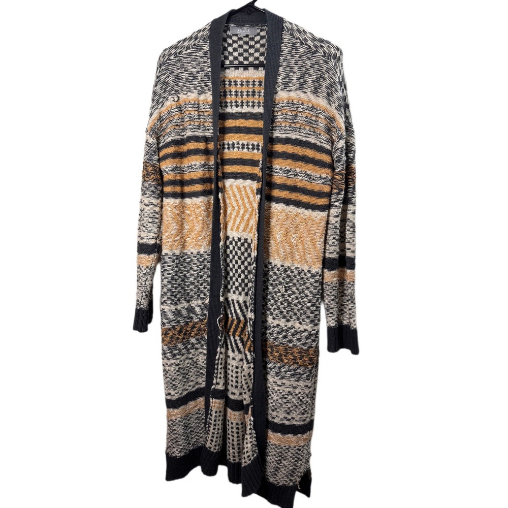 Long Open-Front Knit Cardigan Sweater in Black, Cream & Tan